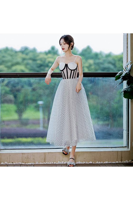 White with Black Dots Tea Length Party Dress with Spaghetti Straps