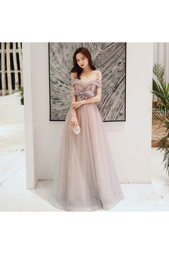 Shiny Sweetheart Long Tulle Prom Dress with Off Shoulders