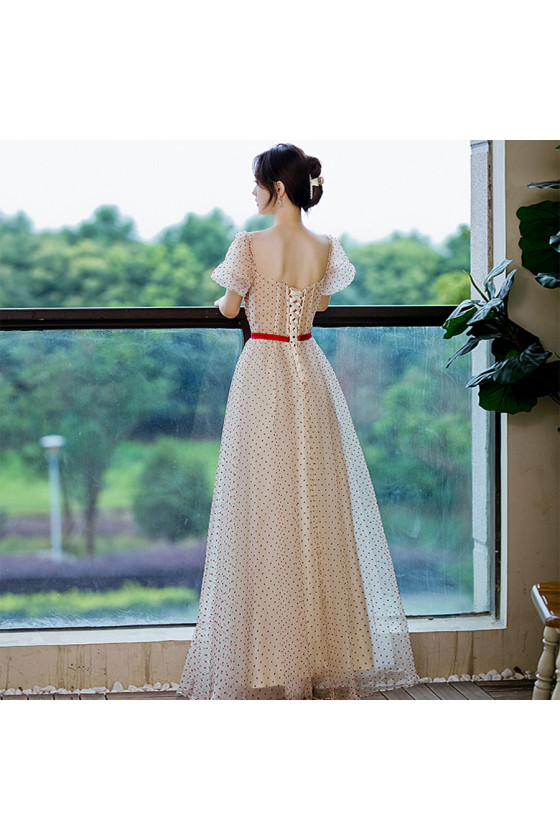 Dotted Champagne Chiffon Bubble Sleeves Long Party Dress with Square  Neckline - $114.9768 #AM6072 - SheProm.com