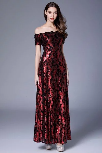 Burgundy Sequin Off Shoulder Long Formal Dress