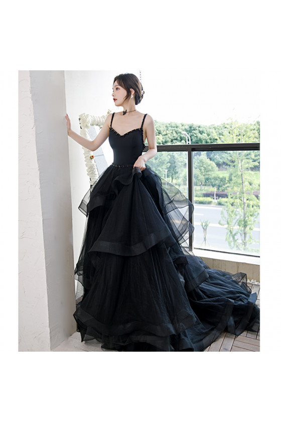 Beaded Spaghetti Straps Black Long Formal Evening Gown with Train