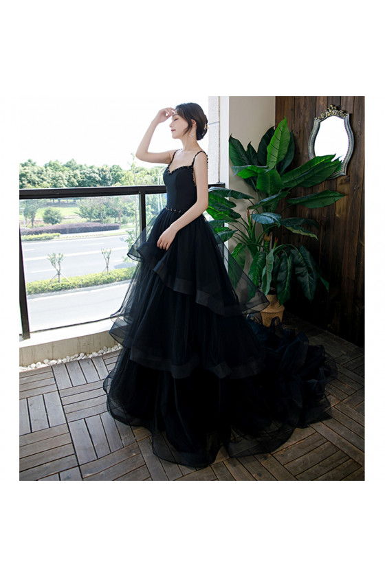 Elegant Spaghetti Straps Black Chiffon Beaded Appliques Sheath Long Party Dress Evening Gown Y9759