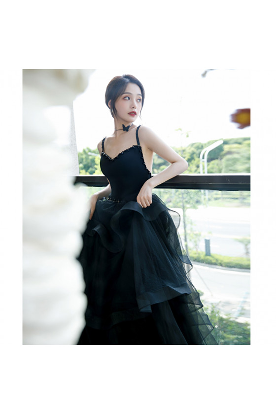 Beaded Spaghetti Straps Black Long Formal Evening Gown with Train - $167.9832 #AM6085 - SheProm.com