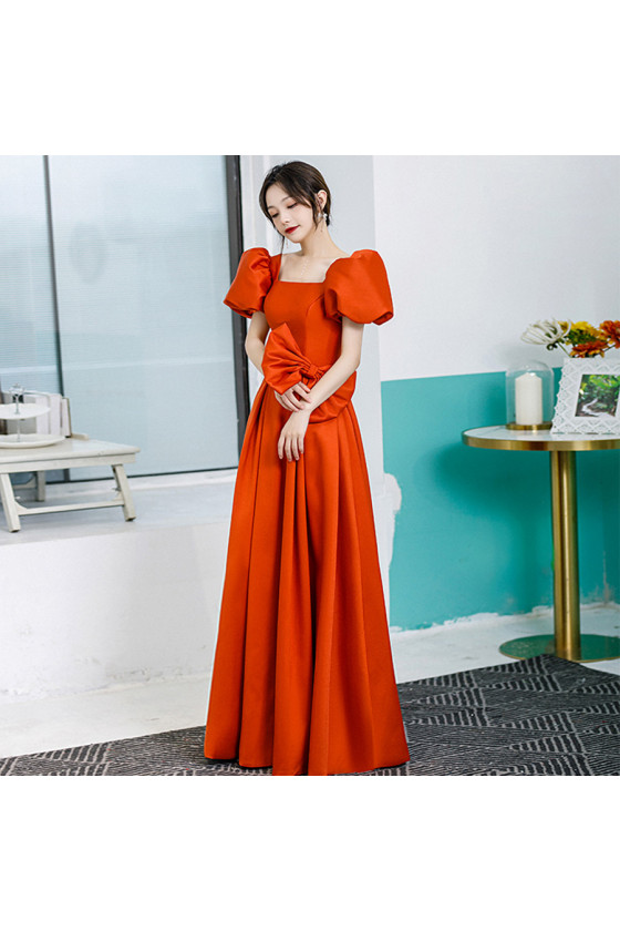 Orange Long Square Neckline Formal Prom Dress with Bubble Short Sleeves