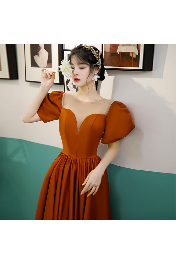 Simple Satin Sheer Neck Long Formal Dress with Short Bubble Sleeves