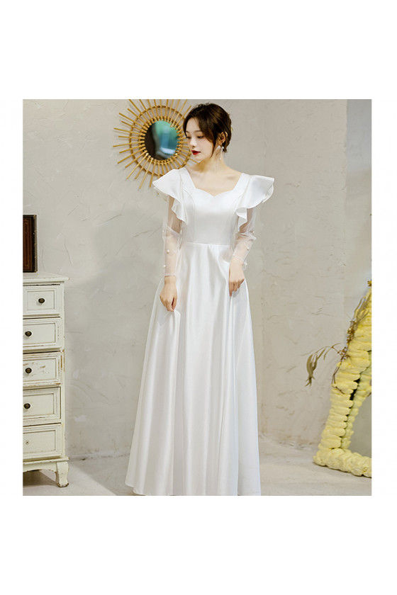 Simple Satin Long Wedding Formal Dress with Tulle Long Sleeves
