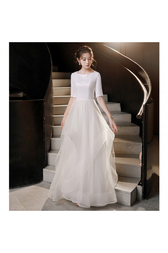 1/2 Sleeves Simple Long White Tulle Prom Dress with Sequin Top