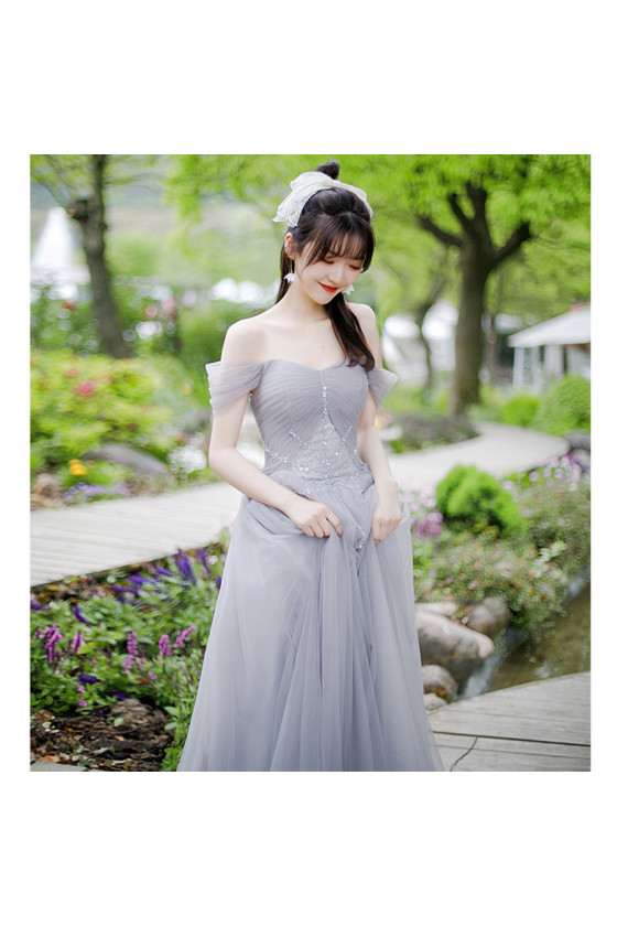 grey off the shoulder bridesmaid dress Steel Gray Satin Bridesmaid Dress A-Line Floor-Length