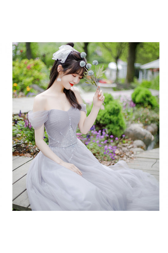 Off Shoulder Beading Tulle Long Grey Prom Dress with Pleated Front