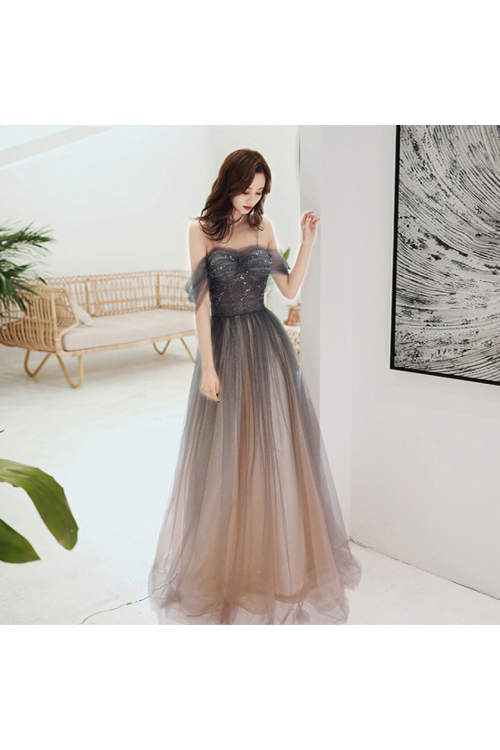 Ombre Long Shiny Tulle Prom Dress with Spaghetti Off Shoulders
