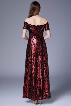 Burgundy Sequin Off Shoulder Long Formal Dress - CK635