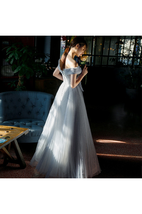 Shiny Pleated Tulle Long Prom Dress with Off Shoulder Straps - $158.9832  #AM6017 - SheProm.com