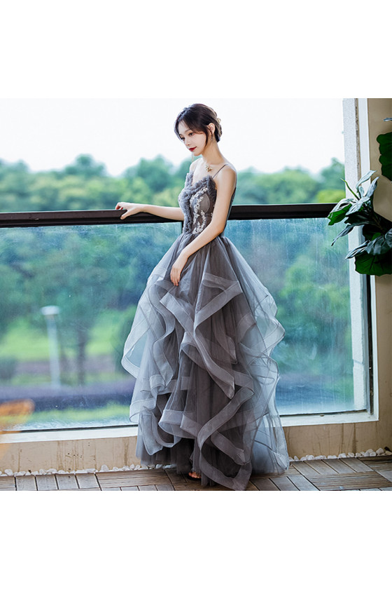 Dusty Grey Ruffled Tulle Long Prom Gown with Sheer Top