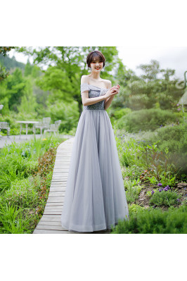 Long Tulle Grey Prom Dress...