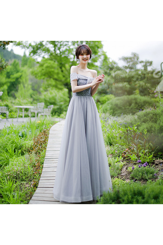 Long Tulle Grey Prom Dress with Off Shoulder Beading Top