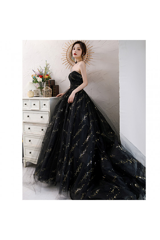 Bling-bling Net Strapless Black Long Formal Gown