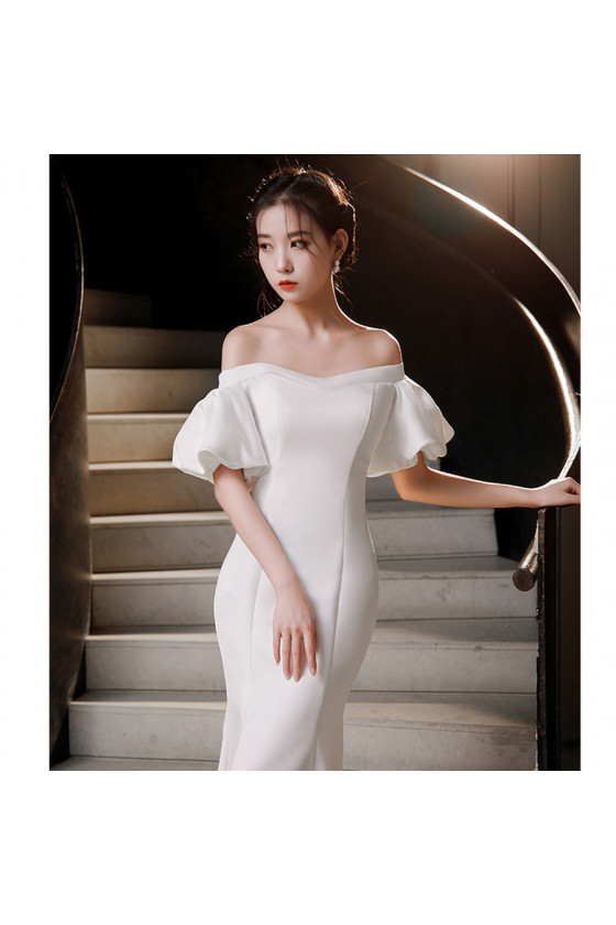 Mermaid Long White Tight Train Prom Dress with Off Shoulder Flare Sleeves