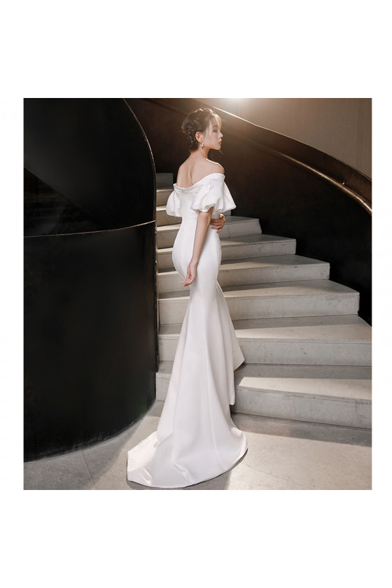 Mermaid Long White Tight Train Prom Dress with Off Shoulder Flare Sleeves -  $123.9768 #AM6034 - SheProm.com