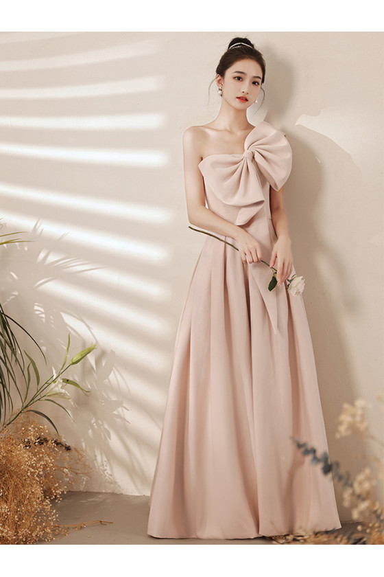 One Shoulder Big Bow Light Pink Long Party Dress For Formal