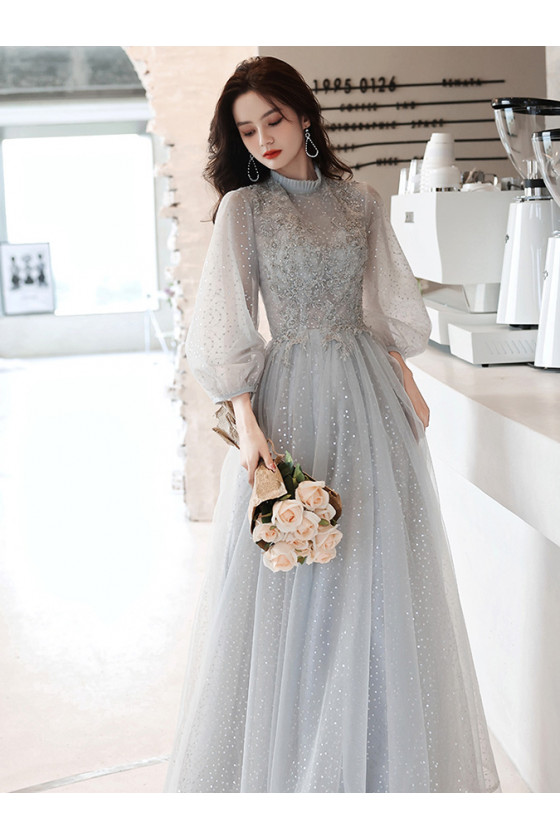 Grey Long Sequin Dots Lace Beading Prom Dress with Lantern Sleeves