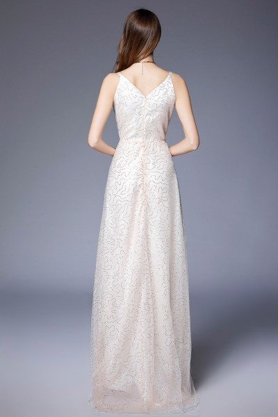 Sequin Tulle V-neck Long White Dress - $79 #CK638 - SheProm.com