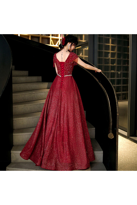 Burgundy Sparkly V Neck Long Prom Dress, Sequined Puffy Party Dress UQP0104