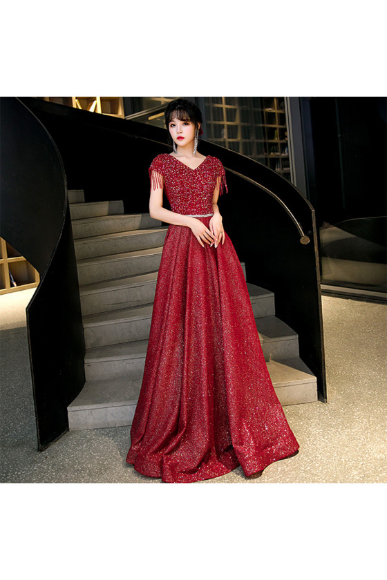 All Sparkly Burgundy V Neck Long Prom Dress with Beading Sleeves