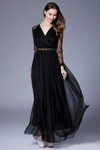 Black Lace Long Sleeve Party Dress - $92 #CK637 - SheProm.com