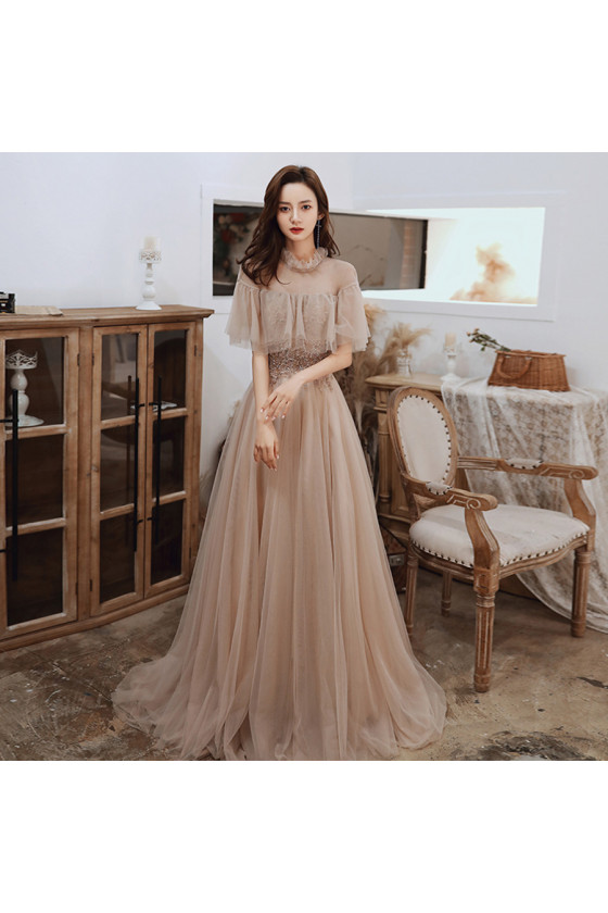 Long Tulle Lace Beading Cape Sleeves Prom Dress with Train