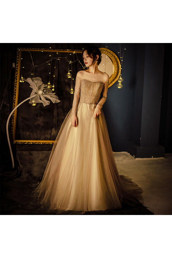Shiny Off Shoulder Long Sleeve Champagne Prom Dress with Beading Top