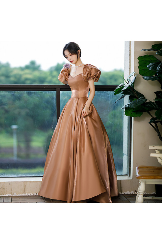 Simple Brown Satin Beaded Neck Long Formal Evening Dress with Bubble Sleeves