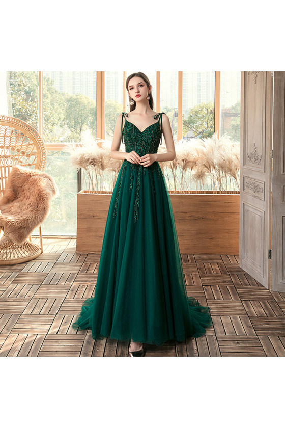 Special Lace Long Green Beaded Prom Dress with Train