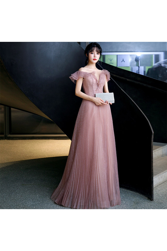 Off Shoulder Shiny Pleated Long Tulle Prom Dress In Pink