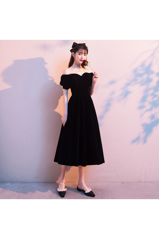 Tea Length Velvet Black Party Dress with Off Shoulder Short Sleeves