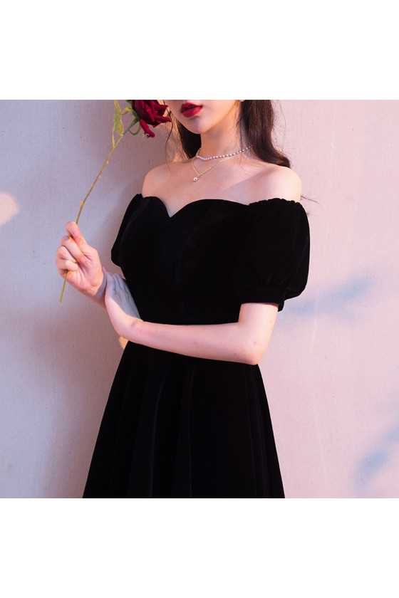Tea Length Velvet Black Party Dress with Off Shoulder Short Sleeves - $85.9824 #AM6102 - SheProm.com Tea Length Velvet Black Party Dress with Off Shoulder Short Sleeves - $85.9824 #AM6102 - SheProm.com