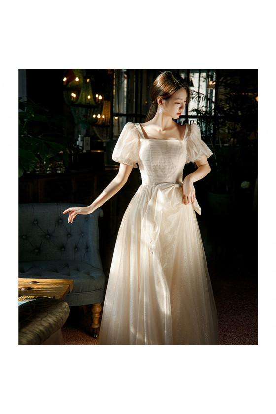 Cream White Shiny Tulle Long Cute Prom Dress with Square Neck