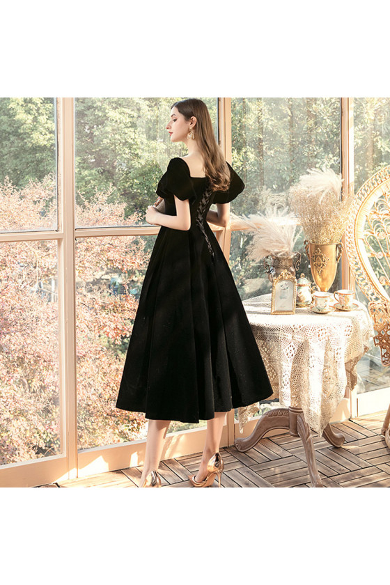 Short Black Velvet Evening Dresses, Black Strapless Velvet Party Dress