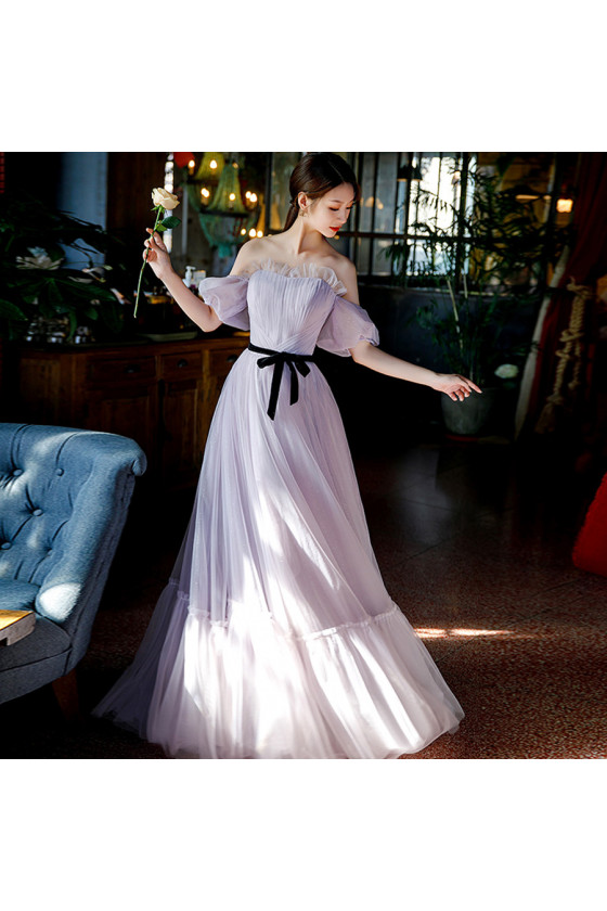Simple Tulle Pleated Long Lilac Prom Dress with Off Shoulder Sleeves