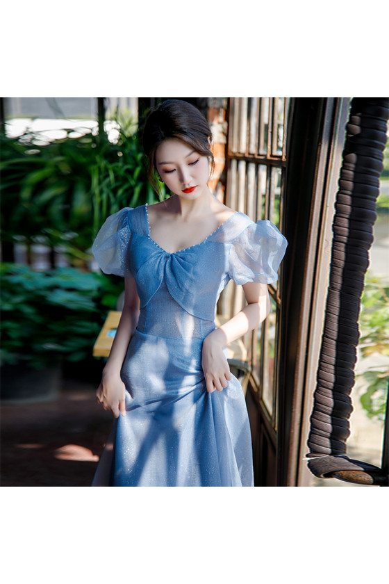 Lace Up Tulle Blue Long Simple Prom Dress with Bubble Sleeves - $117. ...