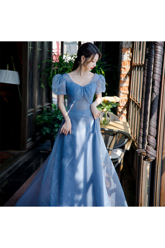 Lace Up Tulle Blue Long Simple Prom Dress with Bubble Sleeves