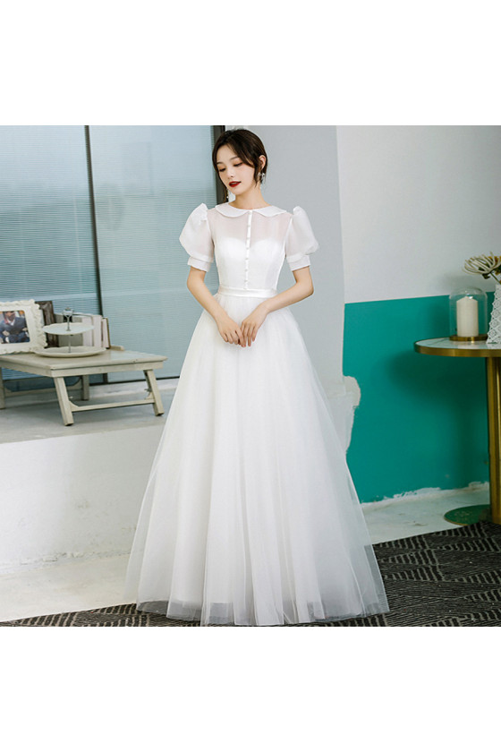 Retro Simple Collar White Wedding Party Dress with Short Sleeves
