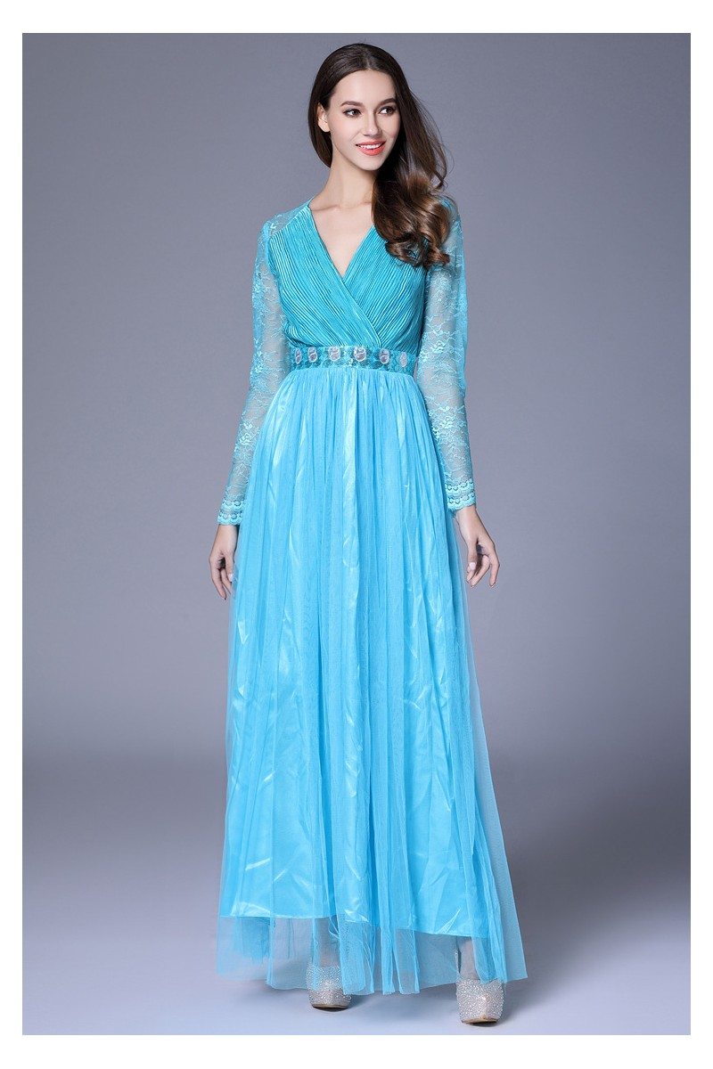 Blue Lace Long Sleeve Chiffon Formal Dress - $69 #CK631 - SheProm.com
