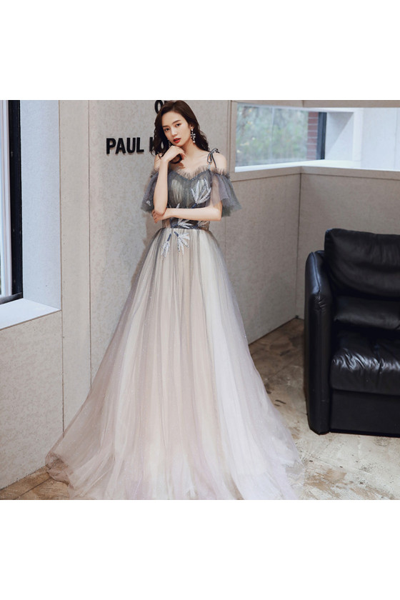 Off Shoulder Long Shiny Tulle Party Dress with Beading