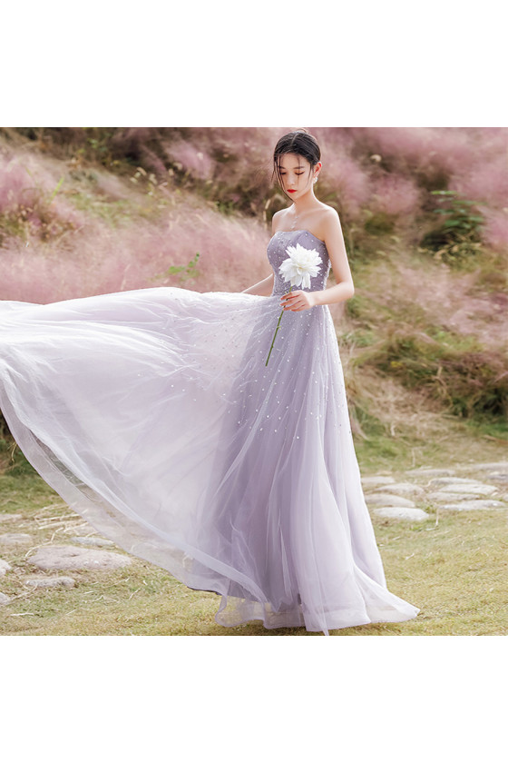 Lace and Tulle Long Strapless Dresses Lavender