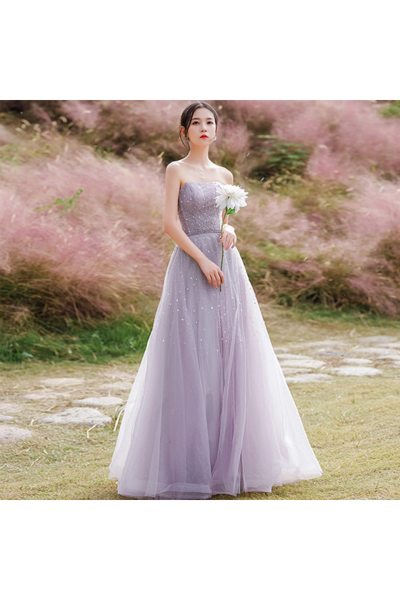 Elegant Strapless Lavender Tulle Prom Dress Long with Sequin