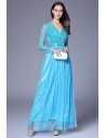 Blue Lace Long Sleeve Chiffon Formal Dress