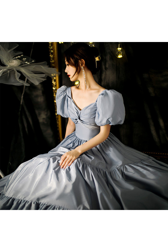 Bubble Sleeve Pleated Grey Satin Long Formal Dress For Winter Party - $147.9816 #AM6044 - SheProm.com Bubble Sleeve Pleated Grey Satin Long Formal Dress For Winter Party - $147.9816 #AM6044 - SheProm.com