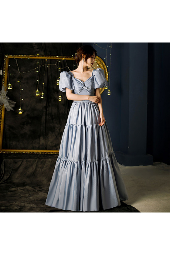 Bubble Sleeve Pleated Satin Long Formal Dress For Winter Party