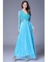 Blue Lace Long Sleeve Chiffon Formal Dress - CK631