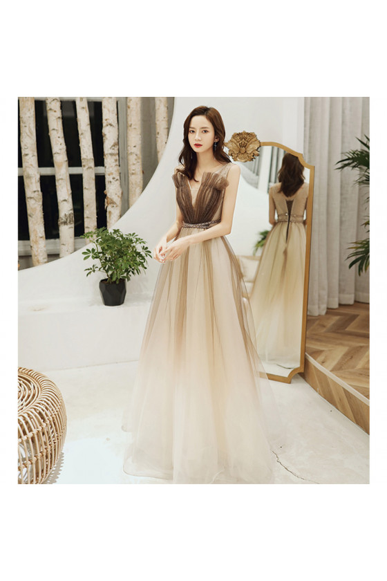 Ombre Brown Tulle Long Formal Party Dress Sleeveless